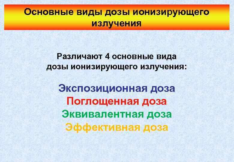 Основные виды дозы ионизирующего излучения Различают 4 основные вида дозы ионизирующего излучения: Экспозиционная доза