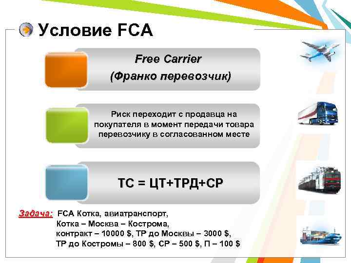 Условие FCA Free Carrier (Франко перевозчик) Риск переходит с продавца на покупателя в момент