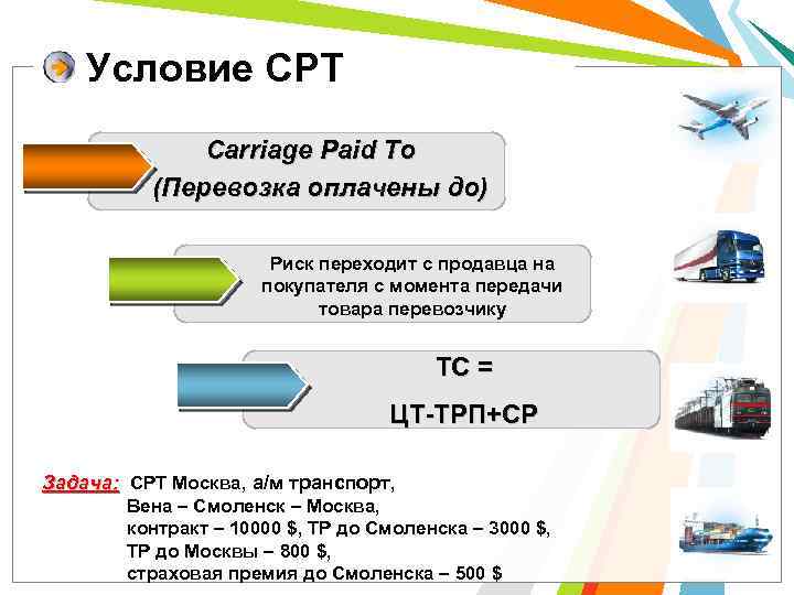 Условие CPT Carriage Paid Тo (Перевозка оплачены до) Риск переходит с продавца на покупателя