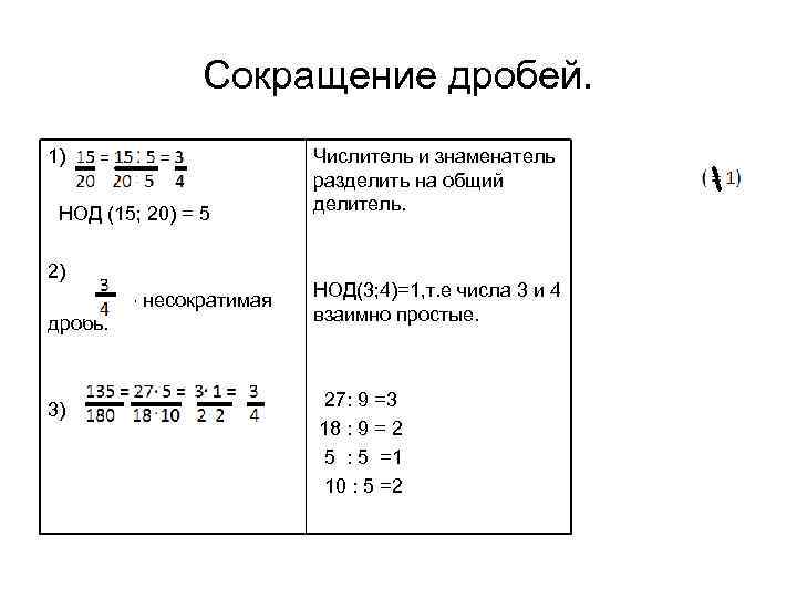 Сокращение дробей. 1) НОД (15; 20) = 5 Числитель и знаменатель разделить на общий