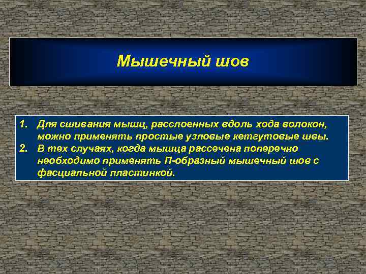 Мышечный шов 1. Для сшивания мышц, расслоенных вдоль хода волокон, можно применять простые узловые