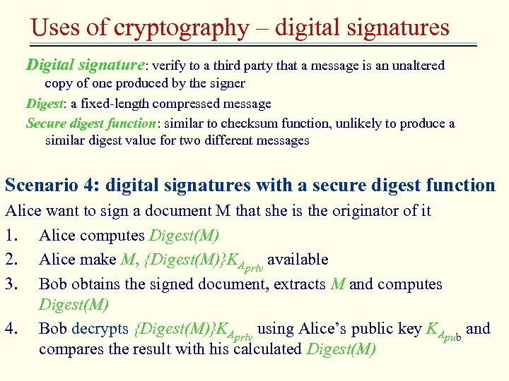 Uses of cryptography – digital signatures Digital signature: verify to a third party that