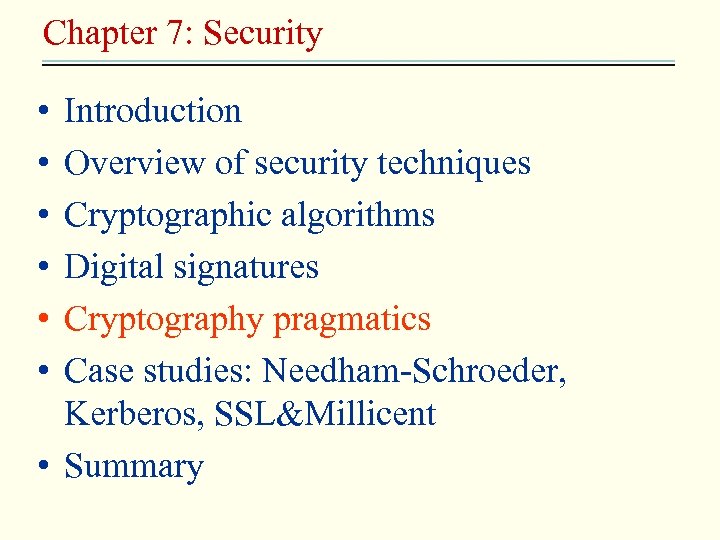 Chapter 7: Security • • • Introduction Overview of security techniques Cryptographic algorithms Digital