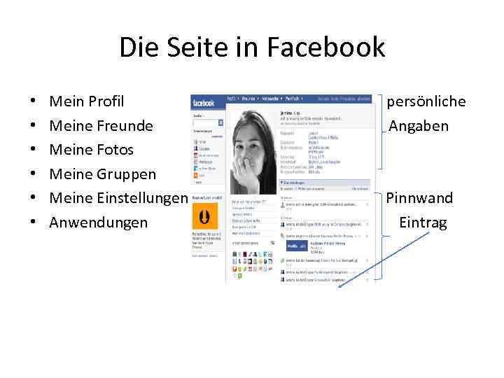 Die Seite in Facebook • • • Mein Profil Meine Freunde Meine Fotos Meine