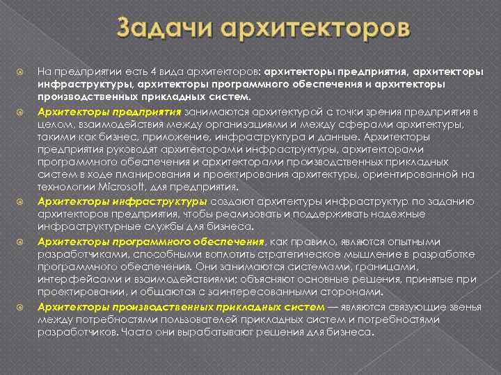 Задачи архитекторов На предприятии есть 4 вида архитекторов: архитекторы предприятия, архитекторы инфраструктуры, архитекторы программного