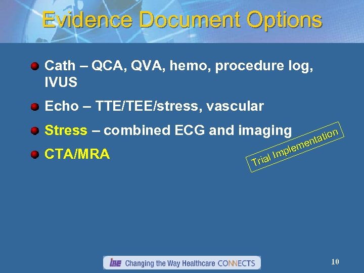 Evidence Document Options Cath – QCA, QVA, hemo, procedure log, IVUS Echo – TTE/TEE/stress,