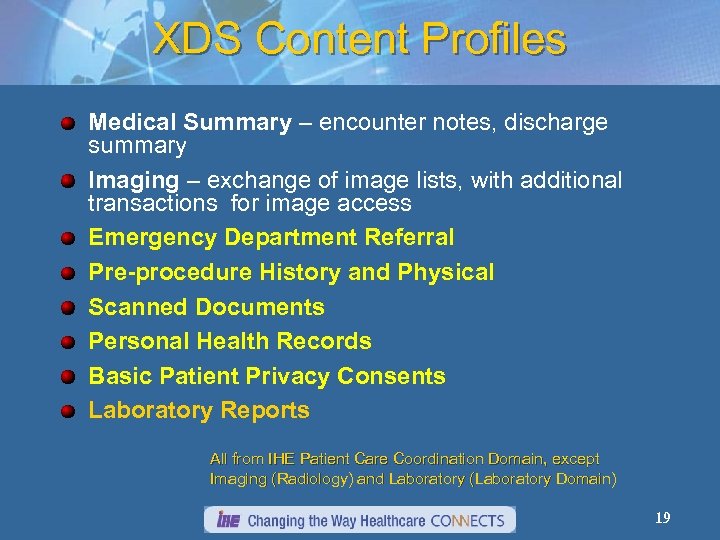 XDS Content Profiles Medical Summary – encounter notes, discharge summary Imaging – exchange of