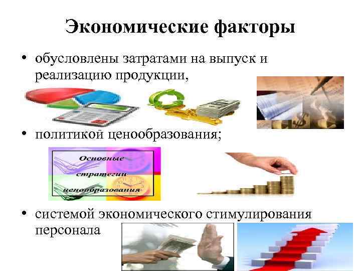 Экономические факторы • обусловлены затратами на выпуск и реализацию продукции, • политикой ценообразования; •