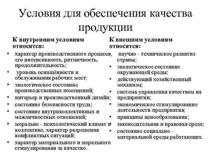 Условия для обеспечения качества продукции К внутренним условиям относятся: К внешним условиям относятся: •