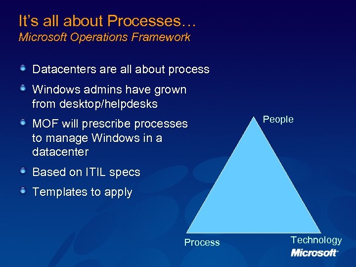 It’s all about Processes… Microsoft Operations Framework Datacenters are all about process Windows admins