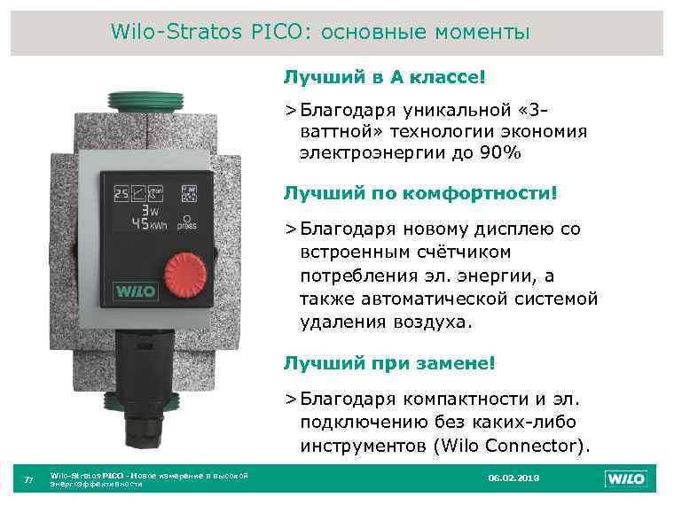 Wilo-Stratos PICO: основные моменты Лучший в A классе! > Благодаря уникальной « 3 ваттной»