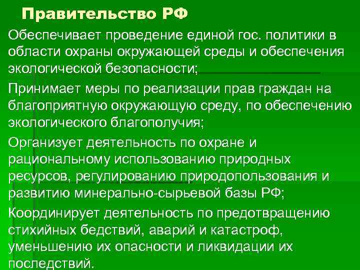 Правительство РФ § Обеспечивает проведение единой гос. политики в области охраны окружающей среды и