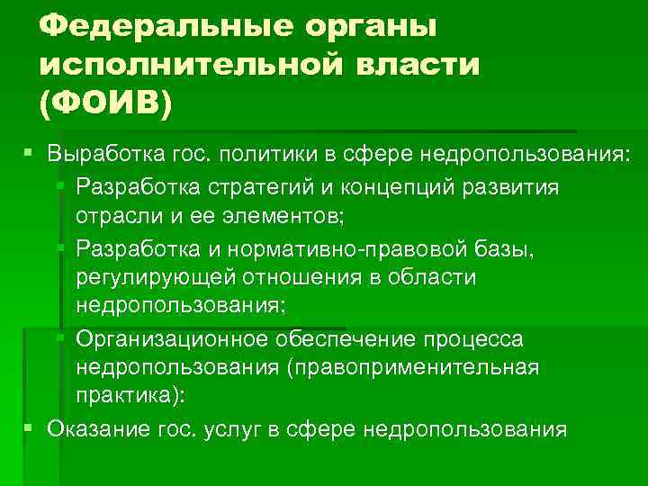 Федеральные органы исполнительной власти (ФОИВ) § Выработка гос. политики в сфере недропользования: § Разработка
