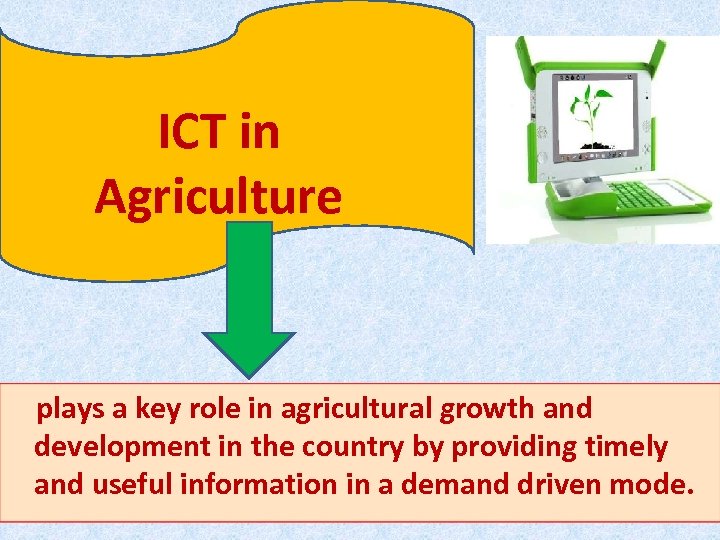 ICT in Agriculture plays a key role in agricultural growth and development in the