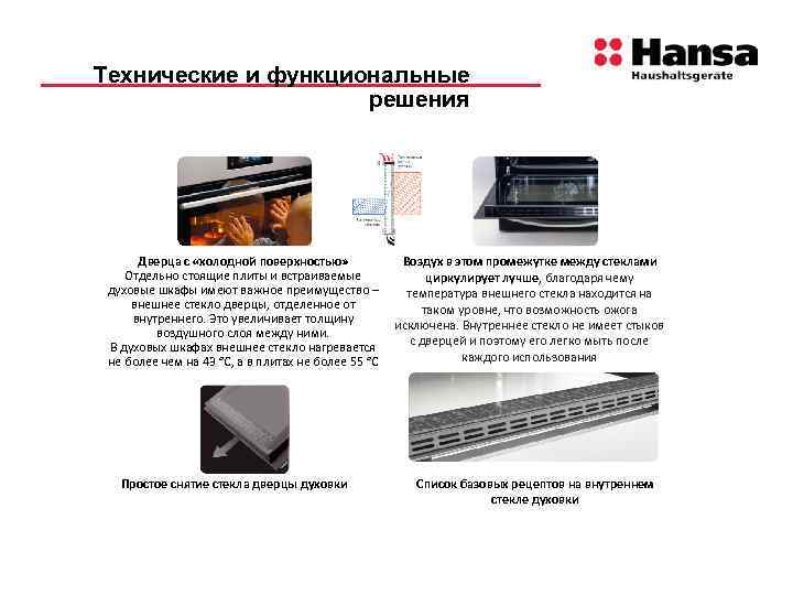 Технические и функциональные решения Дверца с «холодной поверхностью» Отдельно стоящие плиты и встраиваемые духовые