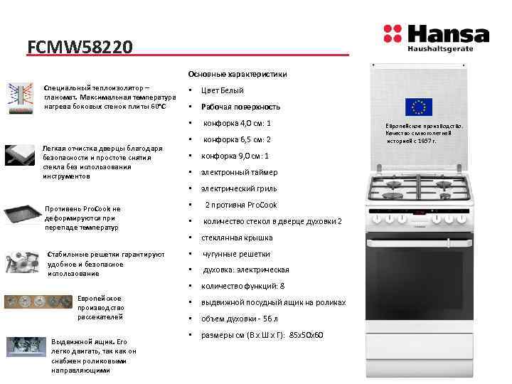 FCMW 58220 Основные характеристики Специальный теплоизолятор – гланомат. Максимальная температура нагрева боковых стенок плиты