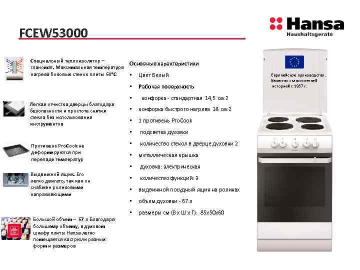 FCEW 53000 Специальный теплоизолятор – гланомат. Максимальная температура нагрева боковых стенок плиты 60°С Основные