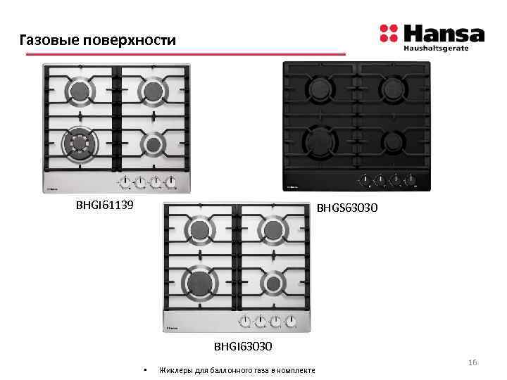 Газовые поверхности BHGI 61139 BHGS 63030 BHGI 63030 • Жиклеры для баллонного газа в