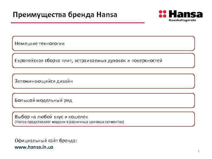 Преимущества бренда Hansa Немецкие технологии Европейская сборка плит, встраиваемых духовок и поверхностей Запоминающийся дизайн