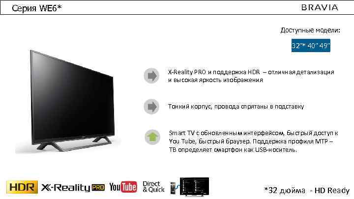 Серия WE 6* Доступные модели: 32”* 40” 49” X-Reality PRO и поддержка HDR –