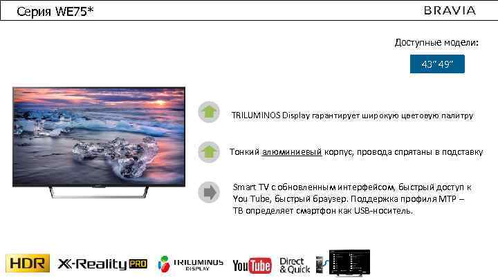 Серия WE 75* Доступные модели: 43” 49” TRILUMINOS Display гарантирует широкую цветовую палитру Тонкий