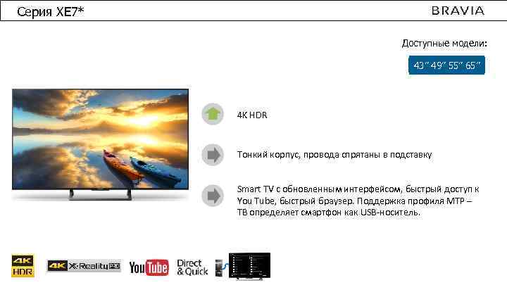 Серия XE 7* Доступные модели: 43” 49” 55” 65” 4 K HDR Тонкий корпус,