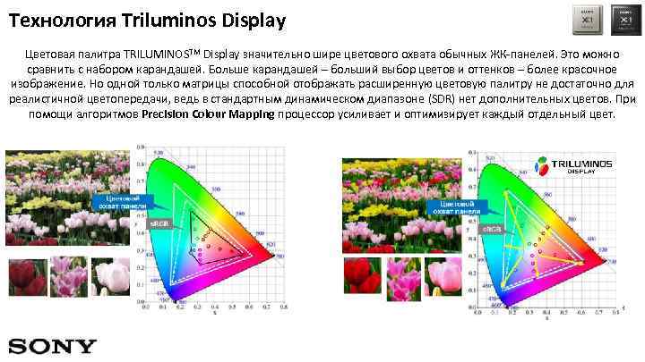 Технология Triluminos Display Цветовая палитра TRILUMINOSTM Display значительно шире цветового охвата обычных ЖК-панелей. Это