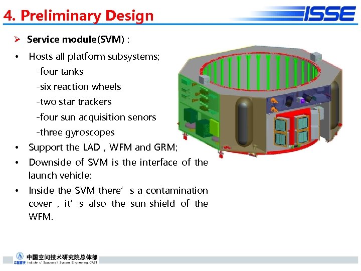 4. Preliminary Design Ø Service module(SVM) : • Hosts all platform subsystems; -four tanks