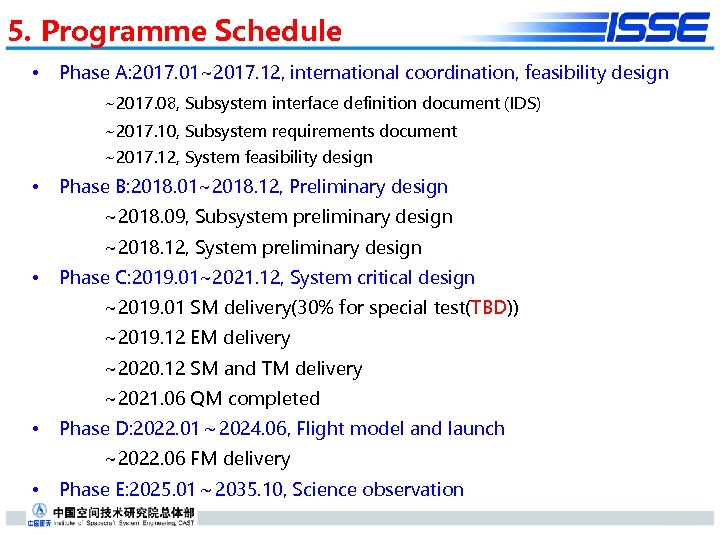 5. Programme Schedule • Phase A: 2017. 01~2017. 12, international coordination, feasibility design ~2017.