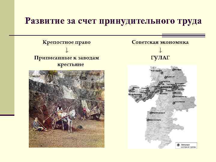 Развитие за счет принудительного труда Крепостное право ↓ Приписанные к заводам крестьяне Советская экономика