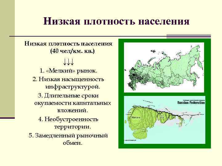 Низкая плотность населения (40 чел/км. кв. ) ↓↓↓ 1. «Мелкий» рынок. 2. Низкая насыщенность