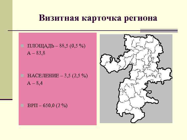 Визитная карточка региона n ПЛОЩАДЬ – 88, 5 (0, 5 %) А – 83,