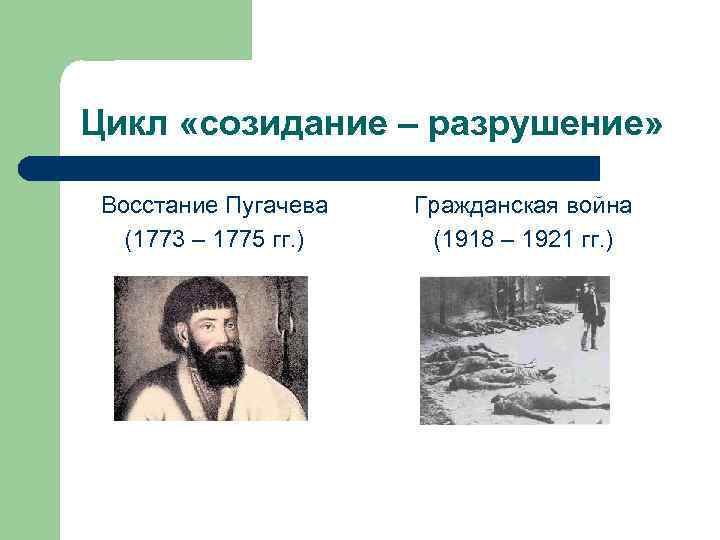 Цикл «созидание – разрушение» Восстание Пугачева (1773 – 1775 гг. ) Гражданская война (1918