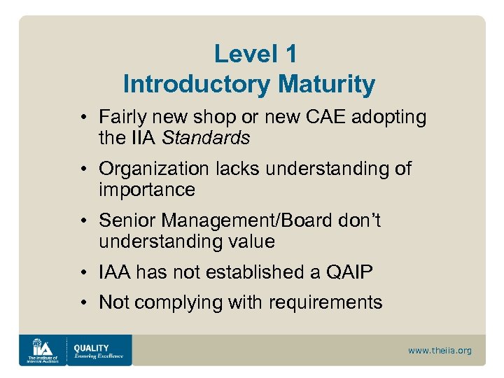 Level 1 Introductory Maturity • Fairly new shop or new CAE adopting the IIA