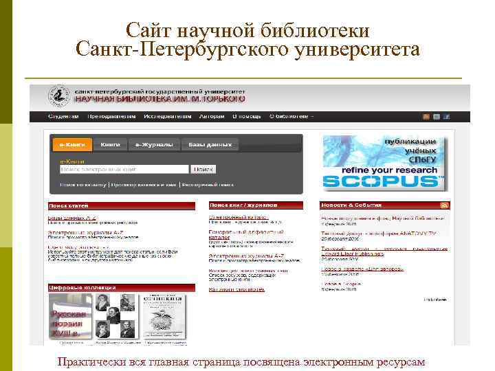 Сайт научной библиотеки Санкт-Петербургского университета Практически вся главная страница посвящена электронным ресурсам 