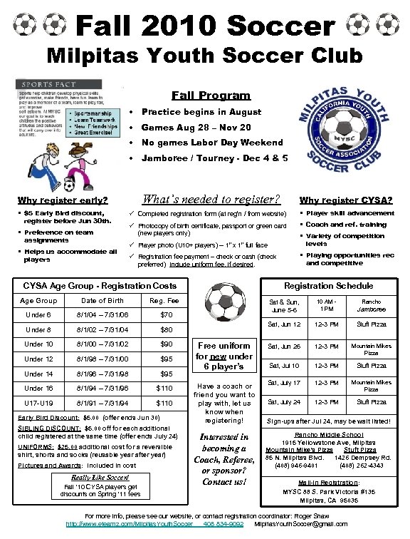 Fall 2010 Soccer Milpitas Youth Soccer Club Fall Program • Practice begins in August