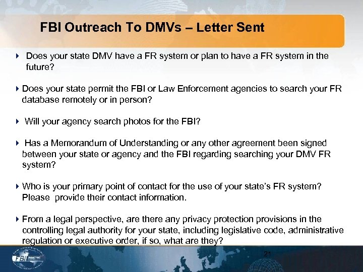 FBI Outreach To DMVs – Letter Sent 4 Does your state DMV have a