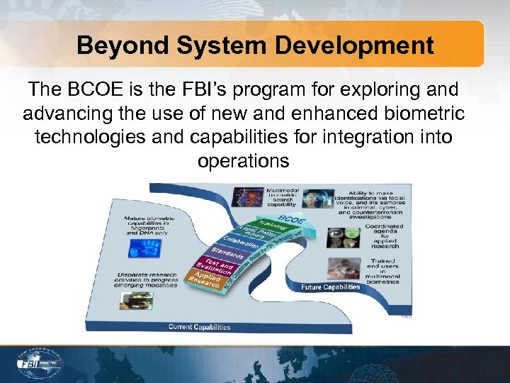 Beyond System Development The BCOE is the FBI’s program for exploring and advancing the