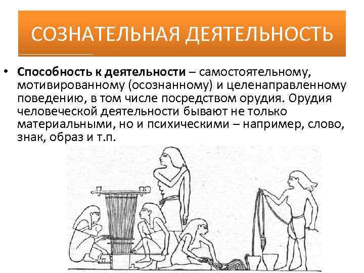 СОЗНАТЕЛЬНАЯ ДЕЯТЕЛЬНОСТЬ • Способность к деятельности – самостоятельному, мотивированному (осознанному) и целенаправленному поведению, в