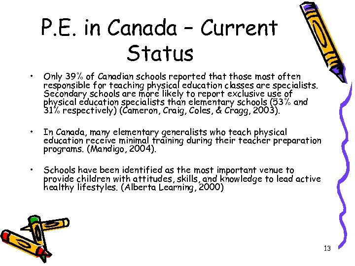 P. E. in Canada – Current Status • Only 39% of Canadian schools reported