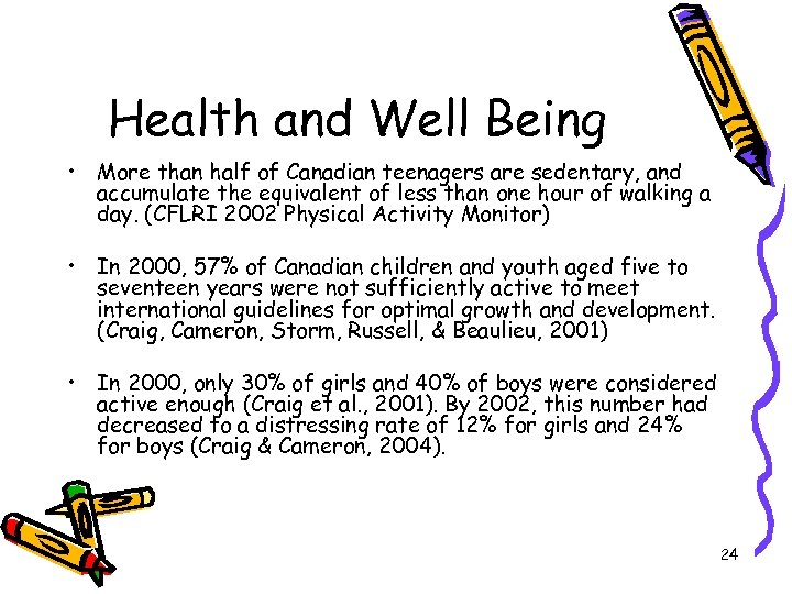 Health and Well Being • More than half of Canadian teenagers are sedentary, and