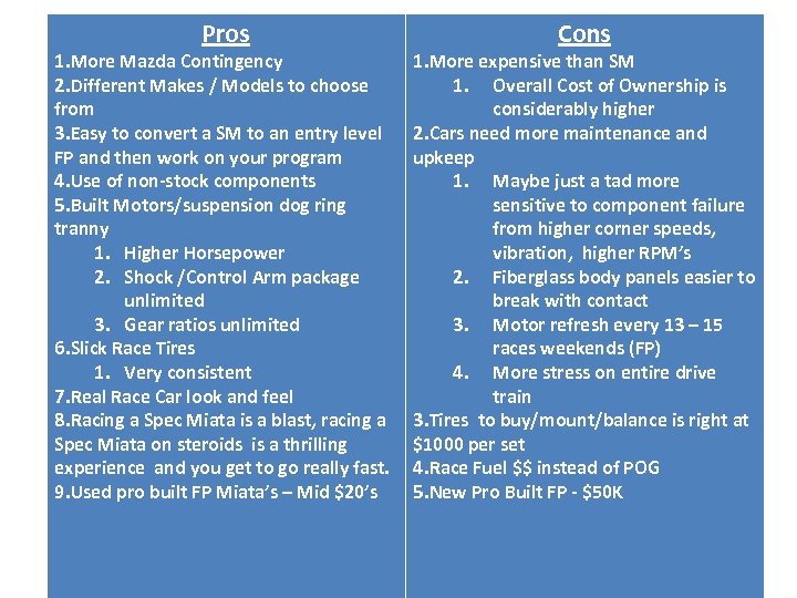 Pros Cons 1. Cons than Pros and. More expensive. Cost of. SM 1. Overall