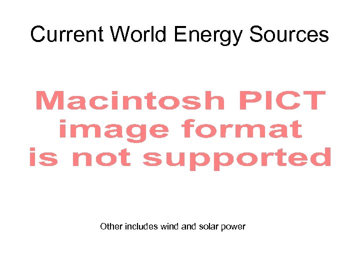 Current World Energy Sources Other includes wind and solar power 