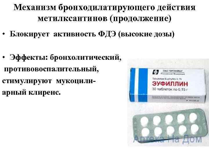 Механизм бронходилатирующего действия метилксантинов (продолжение) • Блокирует активность ФДЭ (высокие дозы) • Эффекты: бронхолитический,