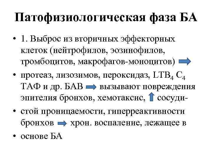 Патофизиологическая фаза БА • 1. Выброс из вторичных эффекторных клеток (нейтрофилов, эозинофилов, тромбоцитов, макрофагов-моноцитов)