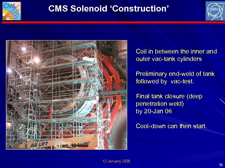 CMS Solenoid ‘Construction’ Coil in between the inner and outer vac-tank cylinders Preliminary end-weld