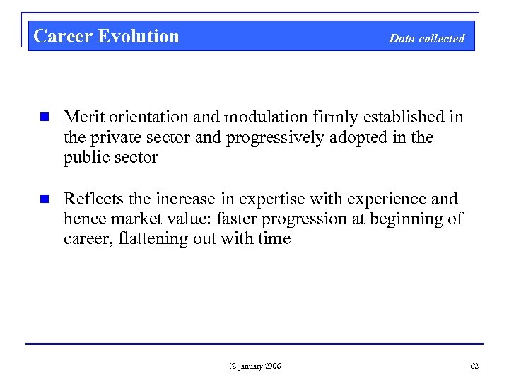 Career Evolution Data collected n Merit orientation and modulation firmly established in the private