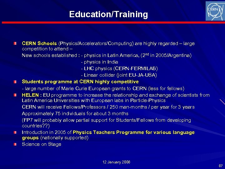 Education/Training CERN Schools (Physics/Accelerators/Computing) are highly regarded – large competition to attend – New