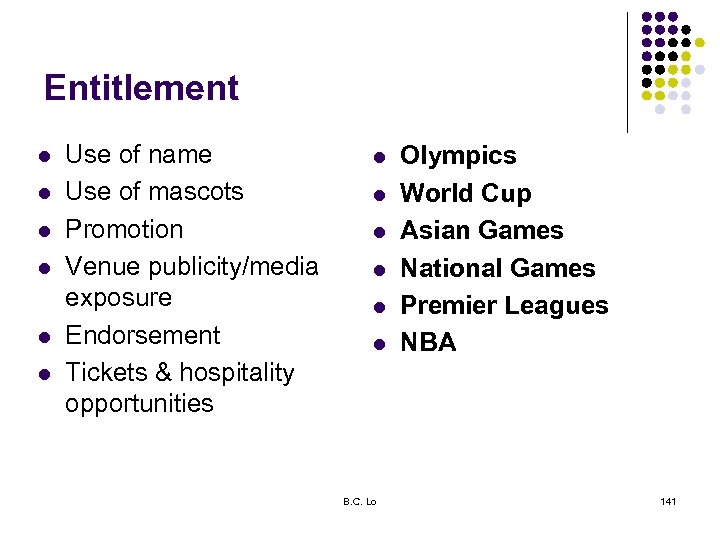 Entitlement l l l Use of name Use of mascots Promotion Venue publicity/media exposure