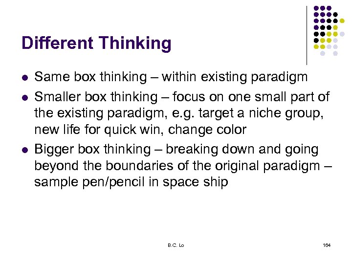 Different Thinking l l l Same box thinking – within existing paradigm Smaller box